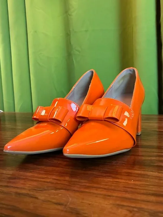 Retro Orange Bowknot Chunky Block Heels, Pointed Toe Velma Loafer - Picture 3 of 6